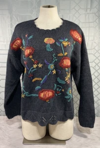 Kitty Hawk Vivian Wang Gray Floral Sweater Women’s Medium Pullover Soft Knit - Picture 1 of 5