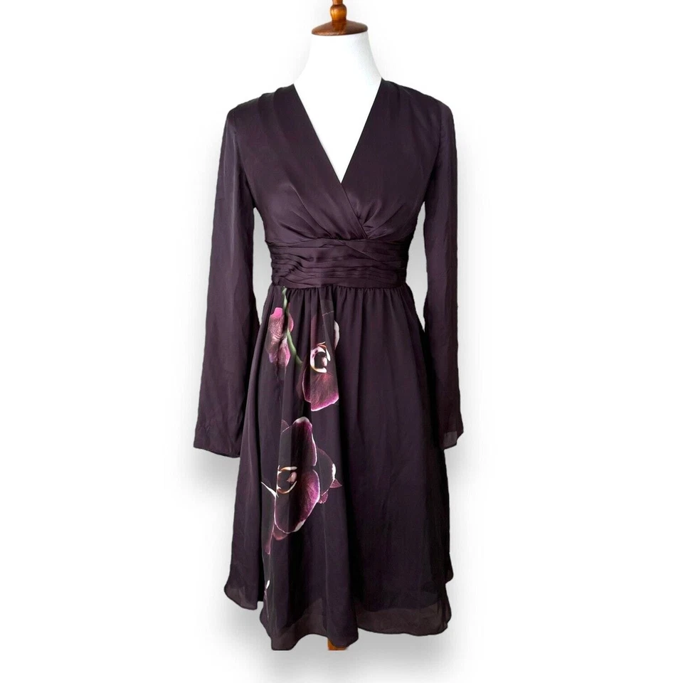 Vestido Altuzarra Target linha A roxo floral falso envoltório franzido manga longa tamanho 2 - Imagem 1 de 4