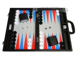 Nuevo 16 "Silverman & Co Medium Faux Leather Backgammon Set – Negro con rojo, azul - Imagen 1 de 12