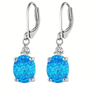 Oval White Gold Fire Blue Opal Drop Earrings Silver Filled For Women Girl - Picture 1 of 7