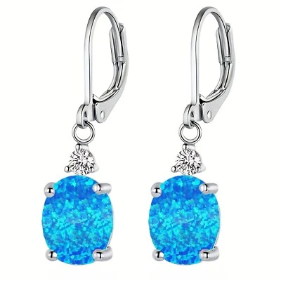 Oval White Gold Fire Blue Opal Drop Earrings Silver Filled For Women Girl - Image 1 of 4