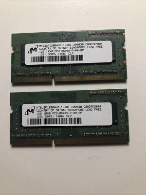Micron 2GB RAM Kit 2x1GB DDR3 Memory PC3-8500 1066Mhz SODIMM Mt8jsf12864hz-1g1D1 - Image 1 of 2