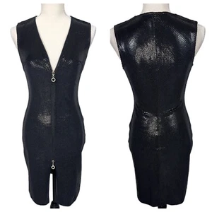 Vintage Cache Black Wet Look Snake Print Full Zip Pencil Dress Size XS Clubwear - Picture 1 of 14