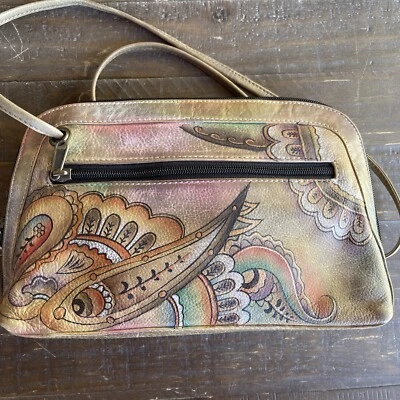 Bolso Bandolera Anuschka Cuero Pintado a Mano Paisley Sillín Marrón Mujer Pequeño Foto 1 de 4