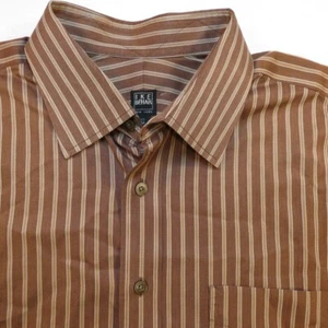 IKE BEHAR DESIGNER BUTTON UP LONG SLEEVE DRESS SHIRT 17 / 34 Shiny Striped Brown - Picture 1 of 3