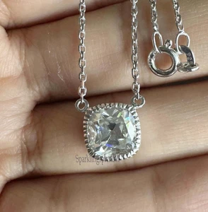 Old Mine Cut Cushion Solitaire Pendant Antique Cut Diamond Silver Pendant Women - Picture 1 of 10
