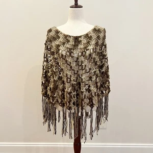 Handmade Crochet Poncho Womens OS Brown Cream Fringe Open Knit Boho Hippie Indie - Afbeelding 1 van 10