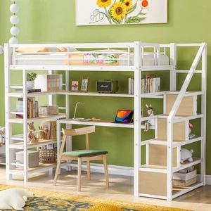 Twin Metal Loft Bed w/ Stairs, Desk & Shelves - Picture 1 of 14