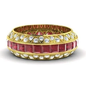 3.70 Ct Princess Natural Ruby & Diamond Eternity Band 14k Yellow Gold Size 7 - Picture 1 of 4
