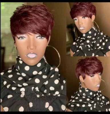 Short Real Human Hair Wig Pixie Cut Short Wavy No Lace Wig Burgundy for Women - Image 1 of 4