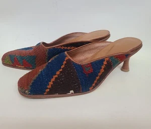 Vintage türkische Kilim Schuhe Gr. 7 handgefertigte Wolle & Leder Kätzchen Absätze Südwest Boho - Bild 1 von 20