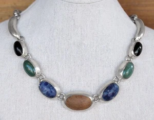 Collana Vintage Taxco Messico Argento Sterling 925 Multi Pietra Sodalite Onice - Foto 1 di 6