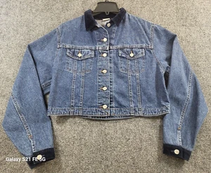 Vintage 90's Lee Denim Jacket Womens L Blue Cropped Velvet Collar Flap Pockets - Picture 1 of 10