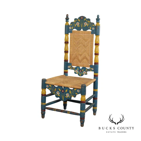 Vintage Mexican Folk Art Painted Rush Side Chair Cover