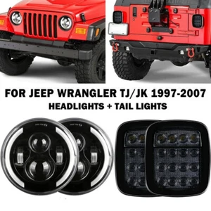 For 1997-2006 Jeep Wrangler TJ CJ Pair 7" LED Headlights + Smoked Tail Lights - Picture 1 of 12