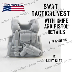 SWAT TACTICAL VEST w/ Knife Pistol- CUSTOM Brick Weapons Gun for Minifig GRAY - Picture 1 of 7