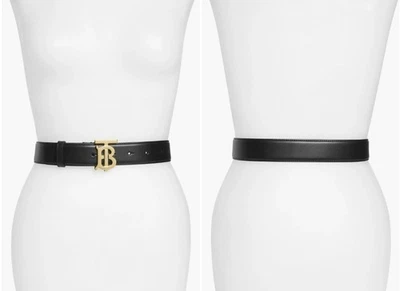 Cinturón de cuero negro con monograma Burberry con detalles dorados, talla M Foto 1 de 4