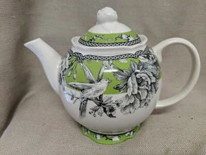 222 Fifth ADELAIDE Green Tea Pot & Lid Floral Bird - Picture 1 of 4