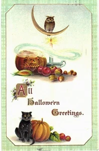 Halloween Auguri Gufo Si siede sulla Luna Dorata Gatto Posteriore AFFILATO RIGIDO 1910 - Foto 1 di 2