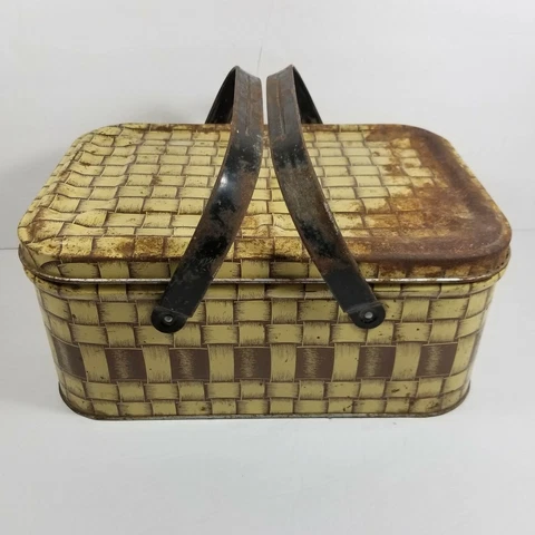Metal Picnic Basket or Kitchen Bread Box Brown Basket Weave Vintage Rustic 14x10 Cover