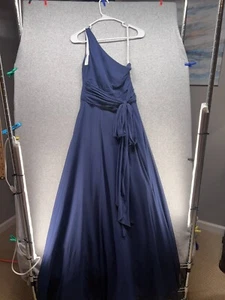 David's Bridal Bridesmaid Dress Size 0 Navy One Shoulder Tie Tull Zipper Slit - Picture 1 of 8