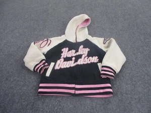 Harley Davidson Jacket Girls 6 Black Pink Fleece Lined Varsity Biker Logo Youth - Picture 1 of 12