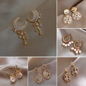Fashion Pearl Crystal Tassel Moon Dangle Earrings Stud Women Wedding Party Gift - Picture 1 of 45