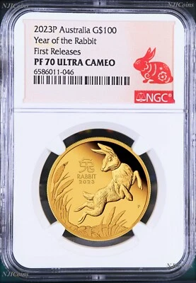2023 P Australia PROOF GOLD $100 Lunar Year of the Rabbit NGC PF70 1 oz Coin FR - Image 1 of 4