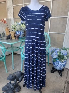 Ralph Lauren Fit & Flare Maxikleid L dunkelblau & weiß wellig Streifen Flügelärmel - Bild 1 von 6