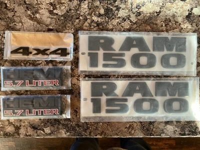 Glossy Black Emblems For RAM 1500 Front Rear HEMI 5.7 Liter 4X4 Badges 5 PC  - Image 1 of 4