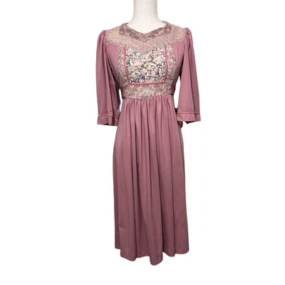 Vestido rosa vintage anos 70 jovem eduardiano Arpeja Cottagecore patchwork tamanho pequeno - Imagem 1 de 4