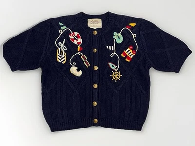 Vintage 1995 Susan Bristol Cardigan Sweater Small Nautical Boating Theme - Image 1 of 4