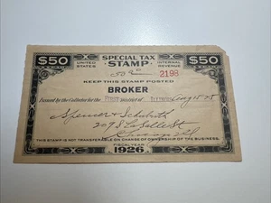 Special Tax Stamp - Broker - 1926 - Chicago IL - Picture 1 of 2