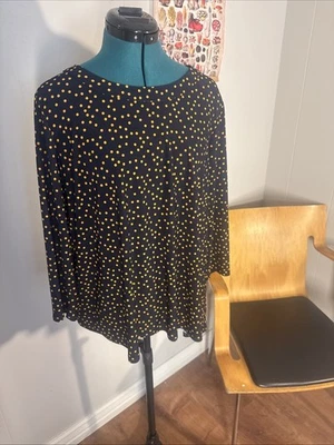 Anne Klein Size L Long Sleeve Navy Yellow Dots Blouse Stretchy - Image 1 of 4