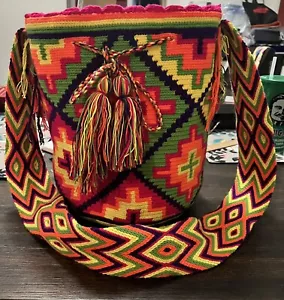 Pink Orange Wayuu Colombian Boho bag multi Bright Mochila Drawstring unique NWOT - Picture 1 of 2