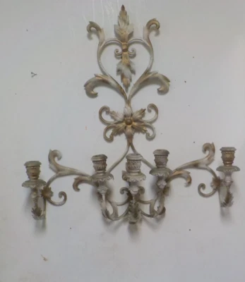 Tole Metal White & Gold Wall  FIVE Light Candle Sconce - Image 1 of 4