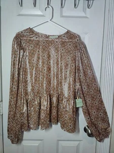 Weidelgras braun Boho Bauern transparent LS Bluse W Silber Metallic Faden 2X Neu mit Etikett - Bild 1 von 7