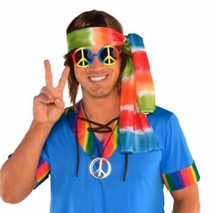 Groovy 60's Hippie Kit Tie Dye Head Scarf, Peace Sign Glasses and Necklace