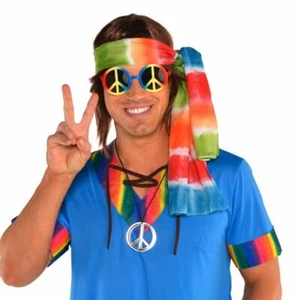 Groovy 60's Hippie Kit Tie Dye Head Scarf, Peace Sign Glasses and Necklace - Picture 1 of 1