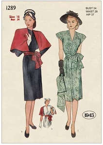 1940s One-Piece Dress and Cape Sewing Pattern Bust 34 - Picture 1 of 3