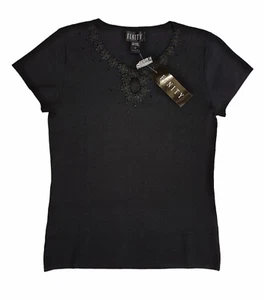 Finity Top Short Sleeve Scoop Neck Embroidered Knit Black Womens S - Picture 1 of 7