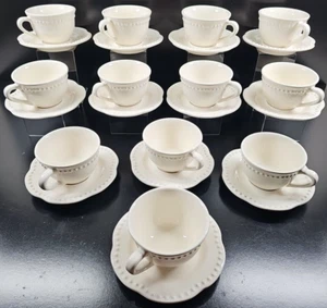 12 Pottery Barn Emma White Cups Saucers Set White Beaded Table Coffee Dishes Lot - Picture 1 of 24