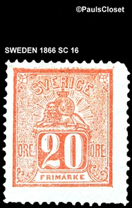 SCHWEDEN 1866 SC 16 LÖWE & ARMS VERMILLION 20o MINT NO GUM FINE/VERY FINE - Bild 1 von 2