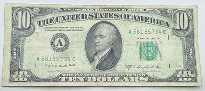1950 C Vintage $10 Federal Reserve Note - Boston - A - Ten Dollar Bill - Image 1 of 2