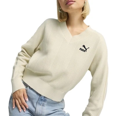 Suéter PUMA T7 Tejido Logo Cuello en V Manga Larga Mujer Off White 62747187 Foto 1 de 4