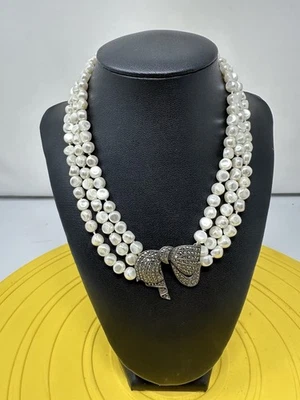 Collar gargantilla colgante con lazo de marcasita madreperla de plata de ley 85 g 16 pulgadas Foto 1 de 4