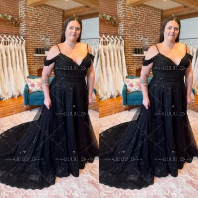 Plus Size Black Wedding Dress Off Shoulder Sweep Train Lace Applique Bridal Gown - Image 1 of 4