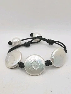 Black Leather Coin Pearl Bracelet Adjustable Mignot Style Large Flat Pearls - Picture 1 of 6