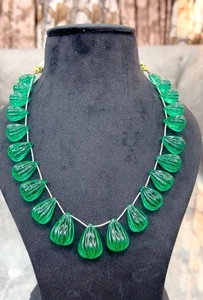 Emerald Carved Gemstone Necklaces Tear Drops 11x16 , 16x29 MM 2 Line - Picture 1 of 5