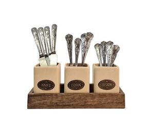 Keramik Messer Gabel Löffel Holz Halter Set Rustikal Mangoholz Tablett Küche Deko - Bild 1 von 6